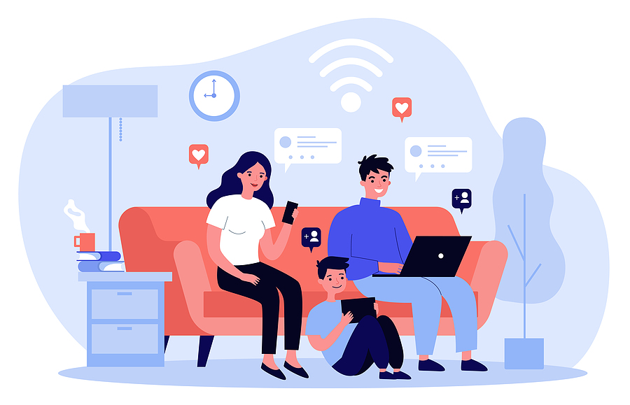 Family Suffering From Social Media Addiction. Parent And Child S