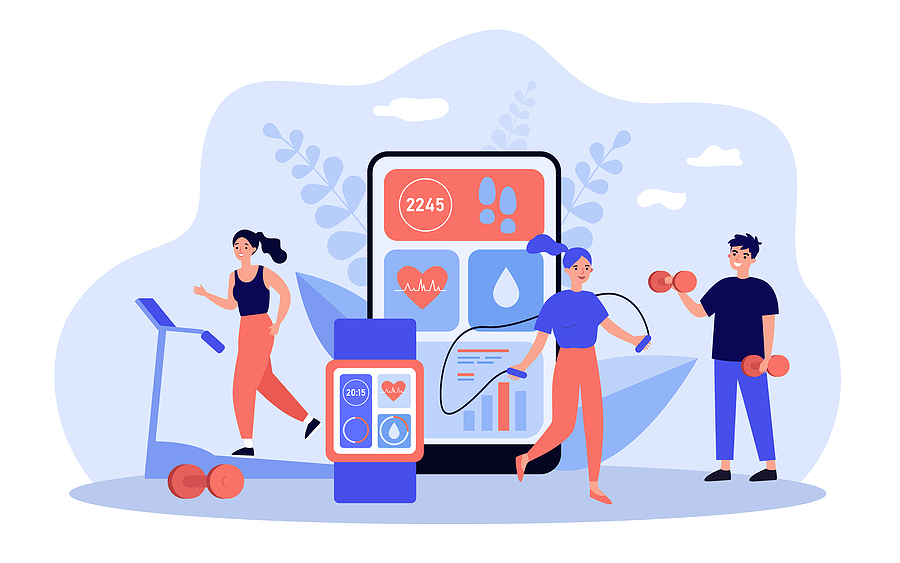 People Exercising In Gym With Heart Beat Monitoring Apps. Tiny M