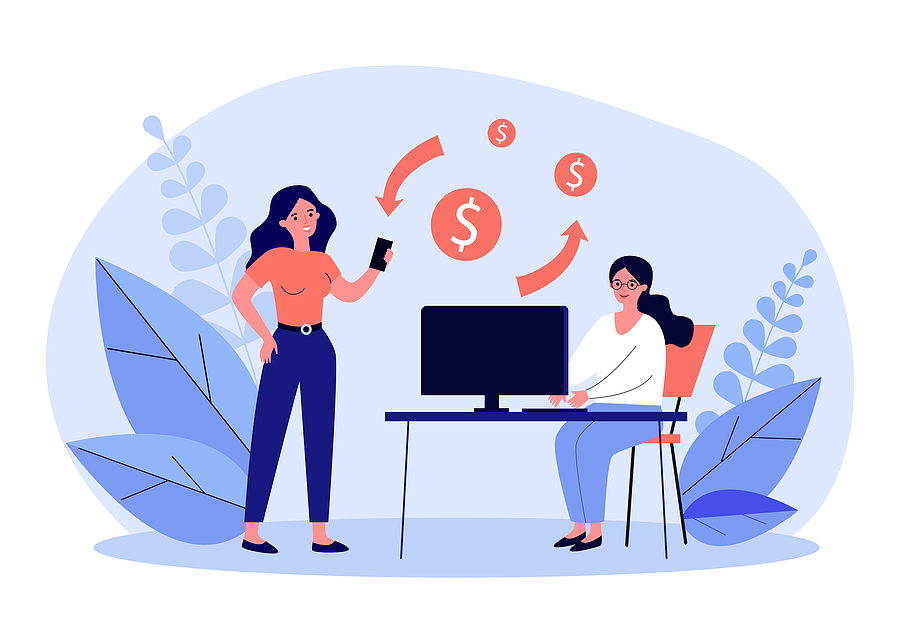 Women Using Digital Devices For Transferring Money. Computer, Sm